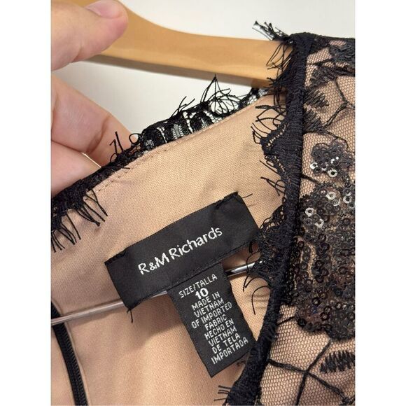 R&M Richards Gown Size 10 Black Beige Lace 3/4 Sleeve Maxi Front Slit Sequined - Picture 6 of 8